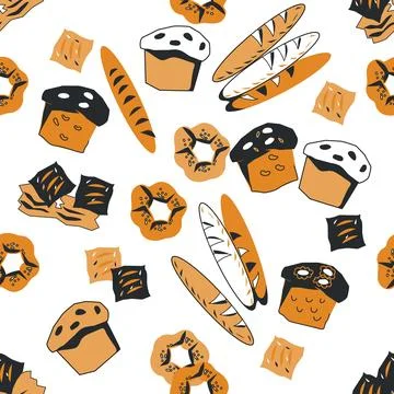 Seamless pattern with bread for bakery and prints, hand drawn vector. Illustrazione stock