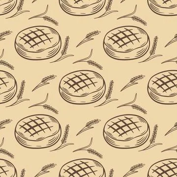 Seamless pattern of bread loaves with spikes of wheat or rye Illustrazione stock