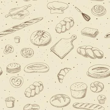 Seamless pattern of bread products 스톡 일러스트
