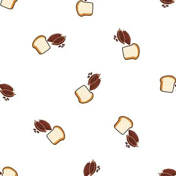 Seamless pattern with bread slices and cocoa beans on white background. Illustrazione stock