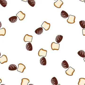 Seamless pattern with bread slices and chocolate candies on white background. Stock Illustration