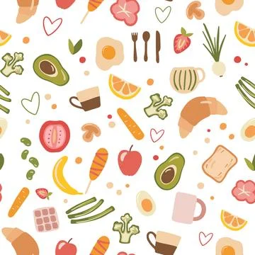 Seamless pattern with breakfast food and vegetables in hand drawn style. Flat Stock Illustration