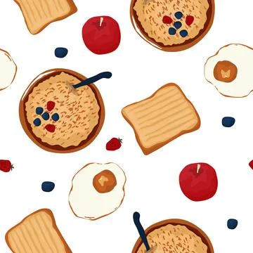 Seamless Pattern Breakfast Food Fruit Egg Bread Porridge Stock Illustration