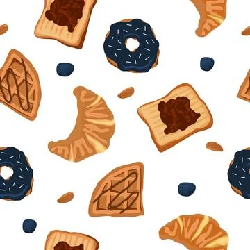 Seamless Pattern Breakfast Food Jam Bread Donut 스톡 일러스트