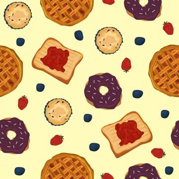 Seamless Pattern Breakfast Food Jam Bread Fruit Pie Stock Illustration