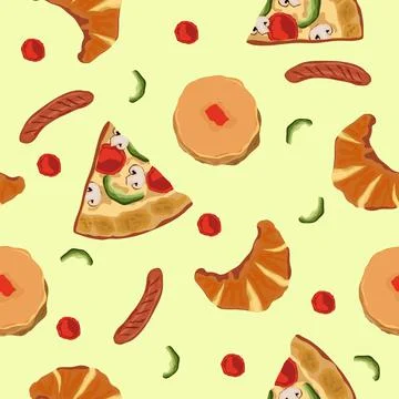 Seamless Pattern Breakfast Food Pizza Cake Sausage Stock Illustration