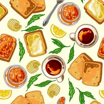 Seamless pattern with breakfast food: toast bread, jam and butter, vector illust Illustrazione stock