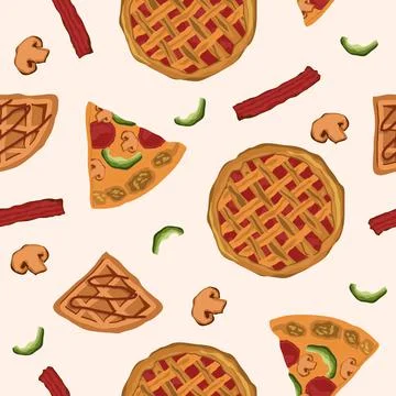 Seamless Pattern Breakfast Food Vegetable Pizza Pie Stock Illustration
