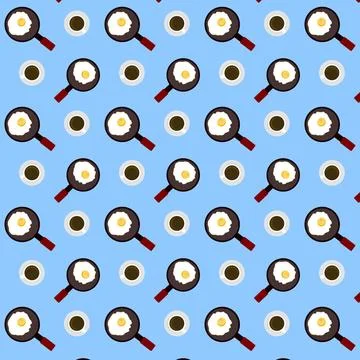 Seamless pattern breakfast with fried eggs and cup of coffee, tablecloth wall Stock Illustration