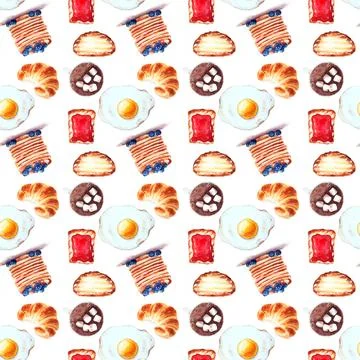 Seamless pattern of breakfast isolated on the white background. Watercolor dr Stock Illustration