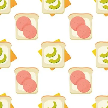 Seamless pattern, breakfast sandwiches, toast with avacado and sausage, vec.. Stock Illustration