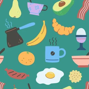 Seamless pattern with breakfest time elements in colorful modern style. Vec.. Illustrazione stock