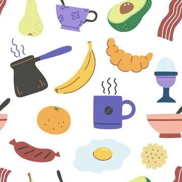 Seamless pattern with breakfest time elements in colorful modern style. Vec.. Stock Illustration