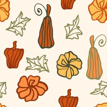 Seamless pattern with bright autumn colored hand-drawn pumpkins. Stock Illustration