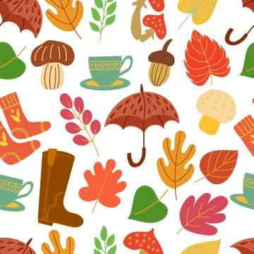 Seamless pattern with bright autumn leaves, mushrooms, umbrellas, socks. For Stock Illustration