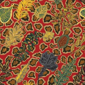 Seamless pattern with bright autumn leaves. Cute whimsical hand drawn fall fo Stock Illustration