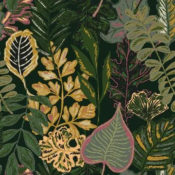 Seamless pattern with bright autumn leaves. Cute whimsical hand drawn fall fo Stock Illustration