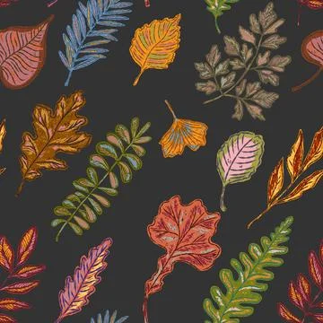 Seamless pattern with bright autumn leaves. Cute whimsical hand drawn fall fo Stock Illustration