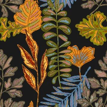 Seamless pattern with bright autumn leaves. Cute whimsical hand drawn fall fo 스톡 일러스트