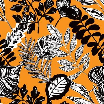 Seamless pattern with bright autumn leaves. Cute whimsical hand drawn fall fo Stock Illustration