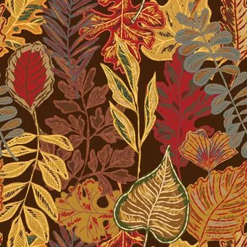 Seamless pattern with bright autumn leaves. Cute whimsical hand drawn fall fo Stock Illustration