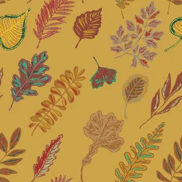 Seamless pattern with bright autumn leaves. Cute whimsical hand drawn fall fo Illustrazione stock