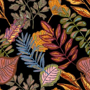 Seamless pattern with bright autumn leaves. Cute whimsical hand drawn fall fo Illustrazione stock