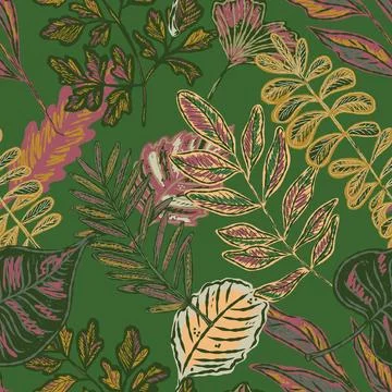 Seamless pattern with bright autumn leaves. Cute whimsical hand drawn fall fo Illustrazione stock