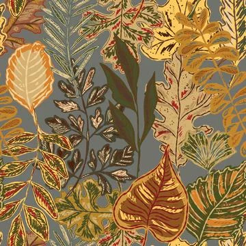 Seamless pattern with bright autumn leaves. Cute whimsical hand drawn fall fo Stock Illustration
