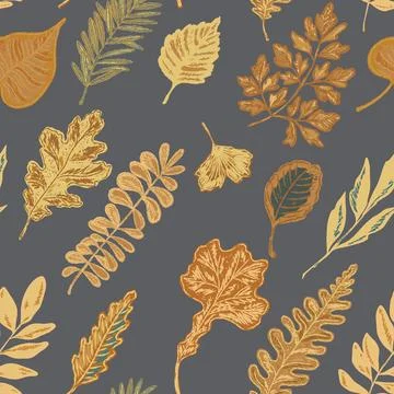 Seamless pattern with bright autumn leaves. Cute whimsical hand drawn fall fo Stock Illustration