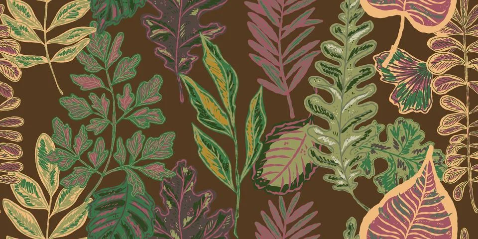 Seamless pattern with bright autumn leaves. Cute whimsical hand drawn fall fo Stock Illustration