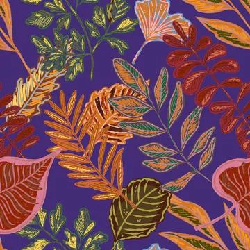 Seamless pattern with bright autumn leaves. Cute whimsical hand drawn fall fo Stock Illustration