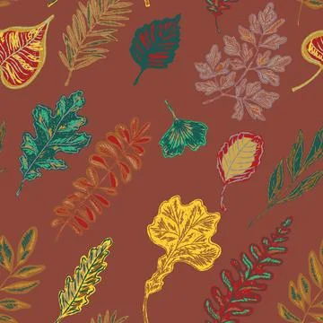 Seamless pattern with bright autumn leaves. Cute whimsical hand drawn fall fo Stock Illustration