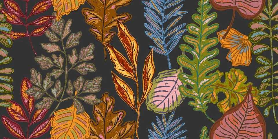 Seamless pattern with bright autumn leaves. Cute whimsical hand drawn fall fo Stock Illustration