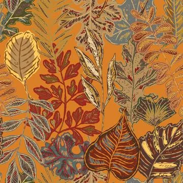 Seamless pattern with bright autumn leaves. Cute whimsical hand drawn fall fo 스톡 일러스트