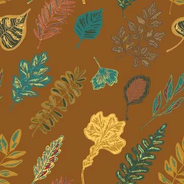 Seamless pattern with bright autumn leaves. Cute whimsical hand drawn fall fo 스톡 일러스트
