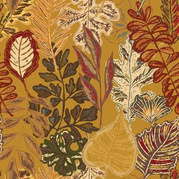 Seamless pattern with bright autumn leaves. Cute whimsical hand drawn fall fo 库存插图
