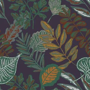 Seamless pattern with bright autumn leaves. Cute whimsical hand drawn fall fo Stock Illustration