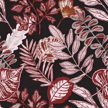 Seamless pattern with bright autumn leaves. Cute whimsical hand drawn fall fo Stock Illustration