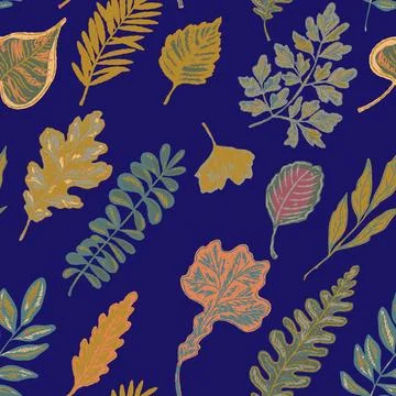 Seamless pattern with bright autumn leaves. Cute whimsical hand drawn fall fo Stock Illustration