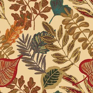 Seamless pattern with bright autumn leaves. Cute whimsical hand drawn fall fo Stock Illustration