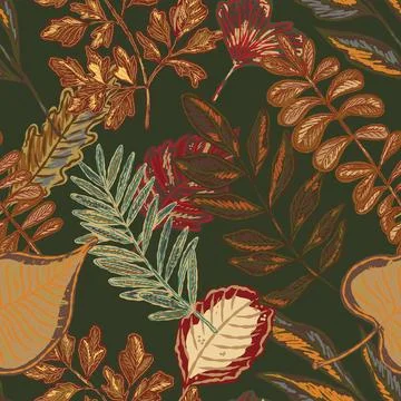 Seamless pattern with bright autumn leaves. Cute whimsical hand drawn fall fo Stock Illustration