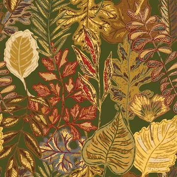 Seamless pattern with bright autumn leaves. Cute whimsical hand drawn fall fo Stock Illustration