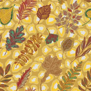 Seamless pattern with bright autumn leaves. Cute whimsical hand drawn fall fo Stock Illustration