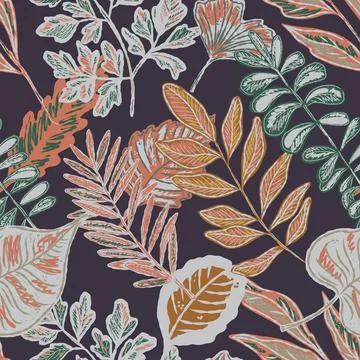 Seamless pattern with bright autumn leaves. Cute whimsical hand drawn fall fo Stock Illustration