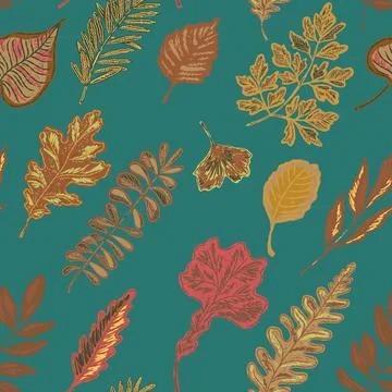 Seamless pattern with bright autumn leaves. Cute whimsical hand drawn fall fo イラスト素材