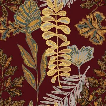 Seamless pattern with bright autumn leaves. Cute whimsical hand drawn fall fo Stock Illustration