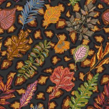 Seamless pattern with bright autumn leaves. Cute whimsical hand drawn fall fo Illustrazione stock