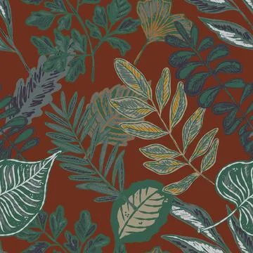 Seamless pattern with bright autumn leaves. Cute whimsical hand drawn fall fo Stock Illustration