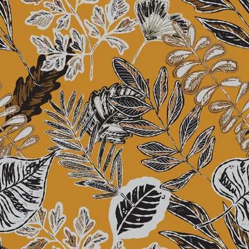 Seamless pattern with bright autumn leaves. Cute whimsical hand drawn fall fo Stock Illustration